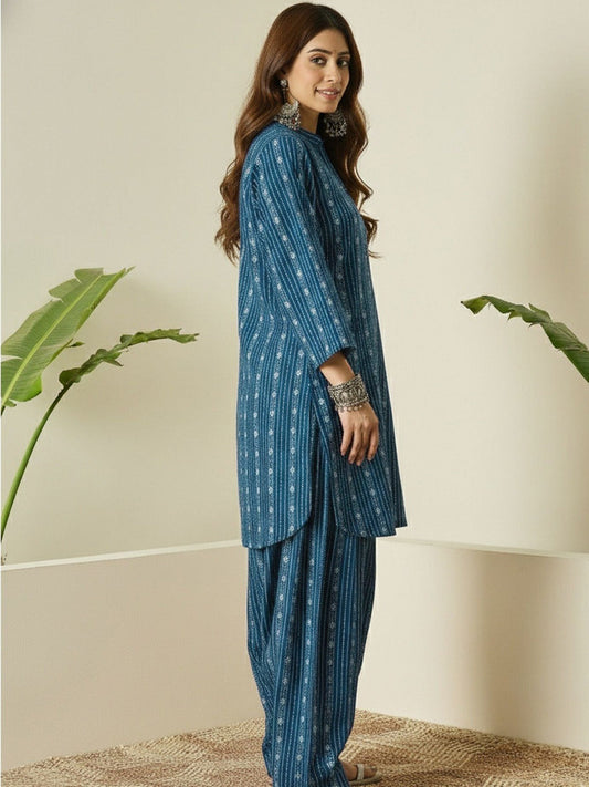 Teal Blue Printed Cotton Kurta Pant Set