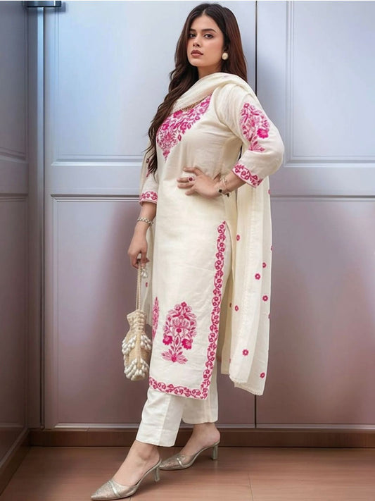Off White Pink Embroidered Cotton Kurta Set with Dupatta for Women
