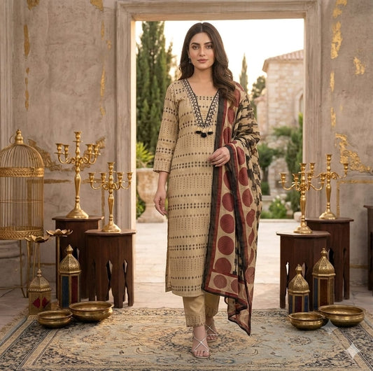 Beige Printed Cotton Kurta Pant Set with Dupatta for Women