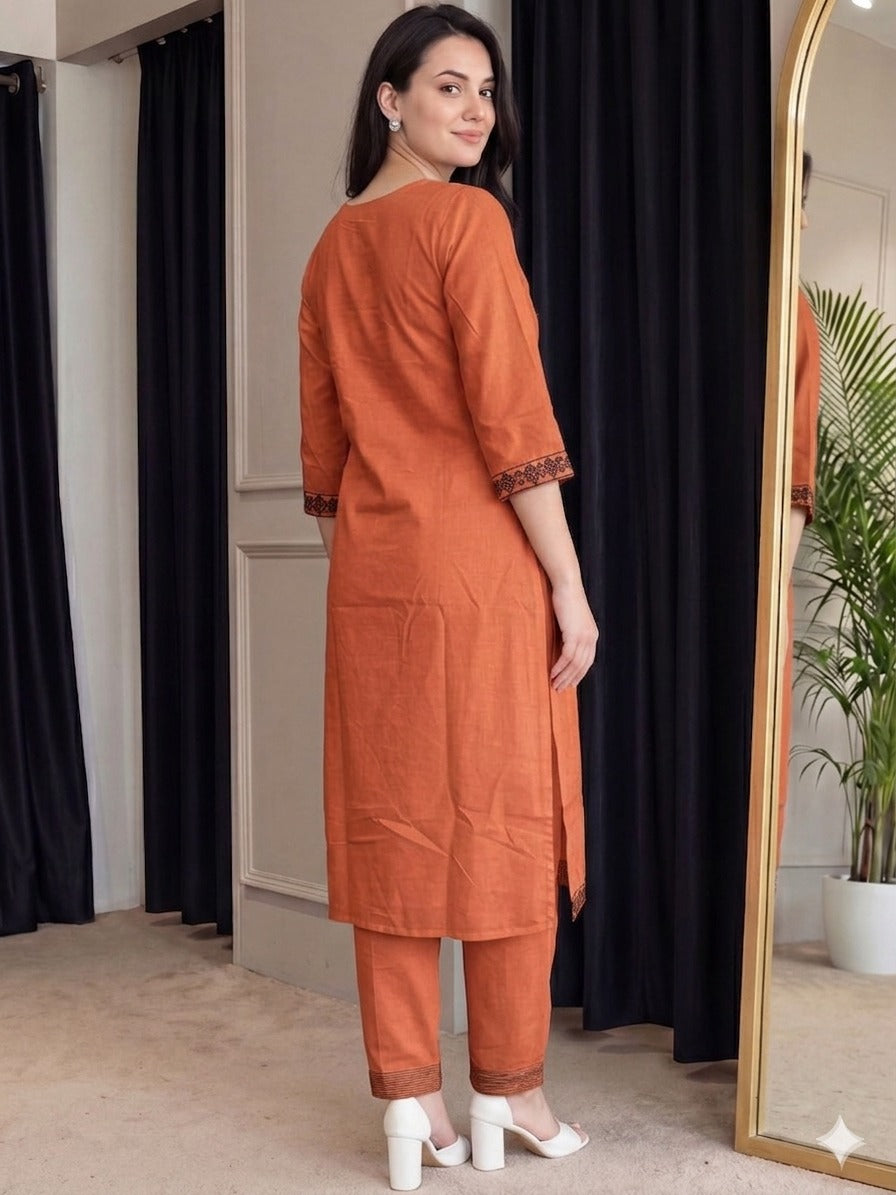 Women Rust Brown Printed Cotton Kurta Pant Set