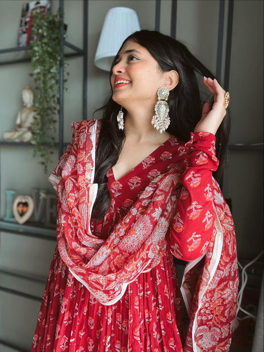 Red Floral Printed Anarkali Kurta Palazzo Set with Dupatta