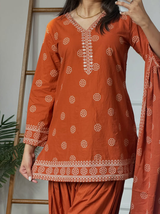 Premium Orange Floral Printed Kurta Palazzo Suit Set
