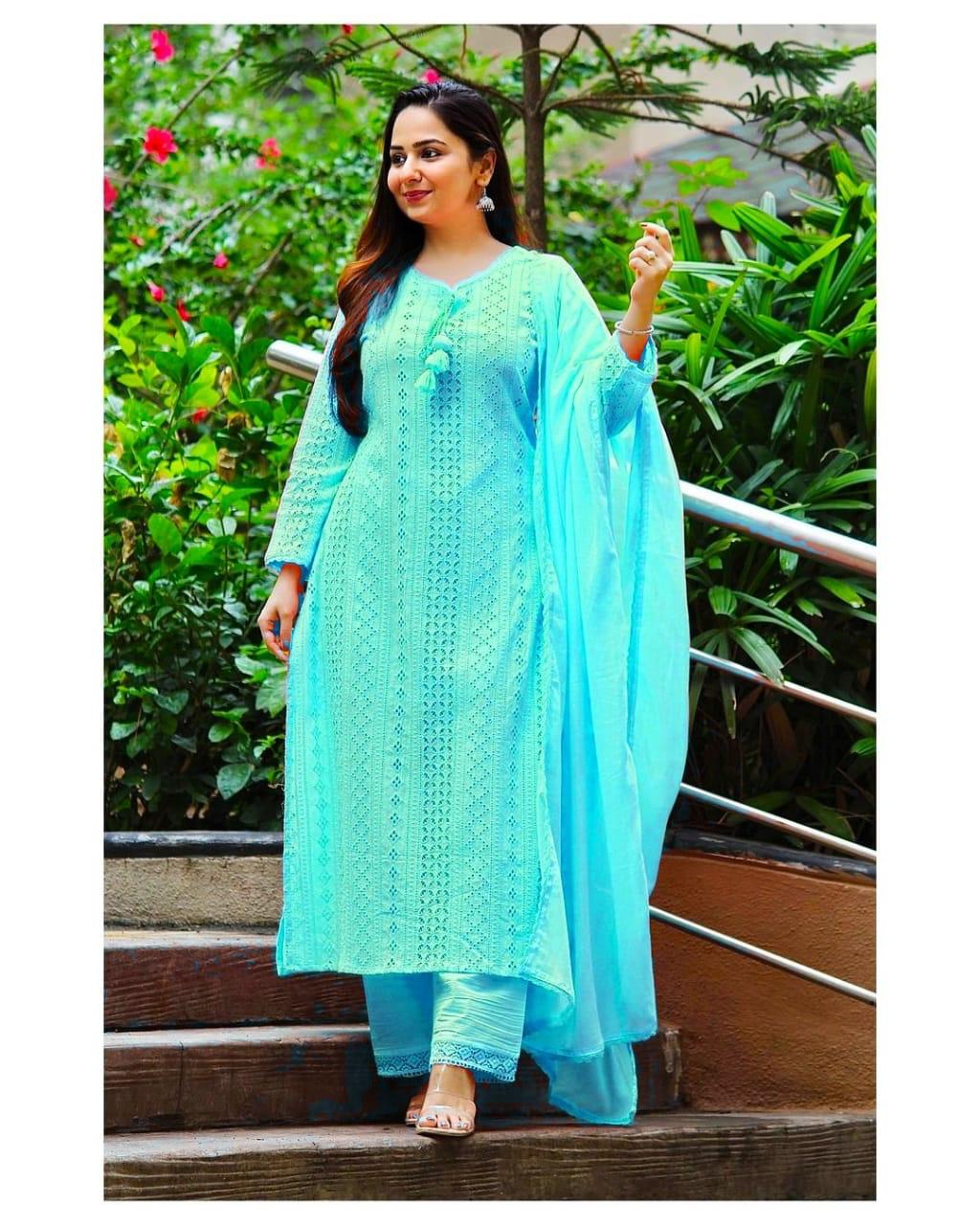 Premium Olive Green Embroidered Kurti Pant Dupatta Set