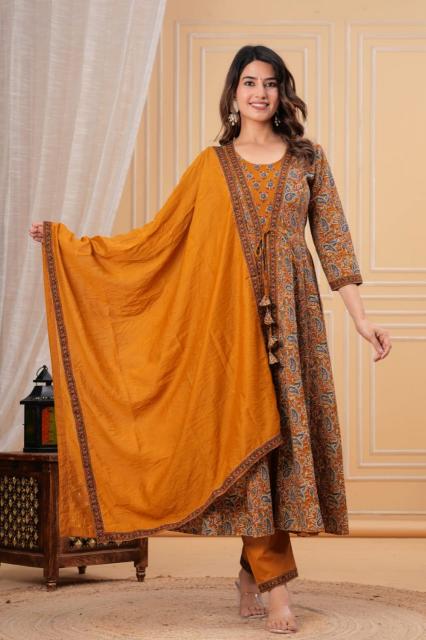 Premium Mustard Gold Kurti Pant Dupatta Set