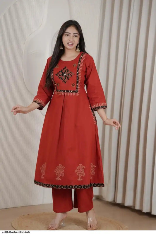 Premium Red Embroidered Kurti Palazzo Set
