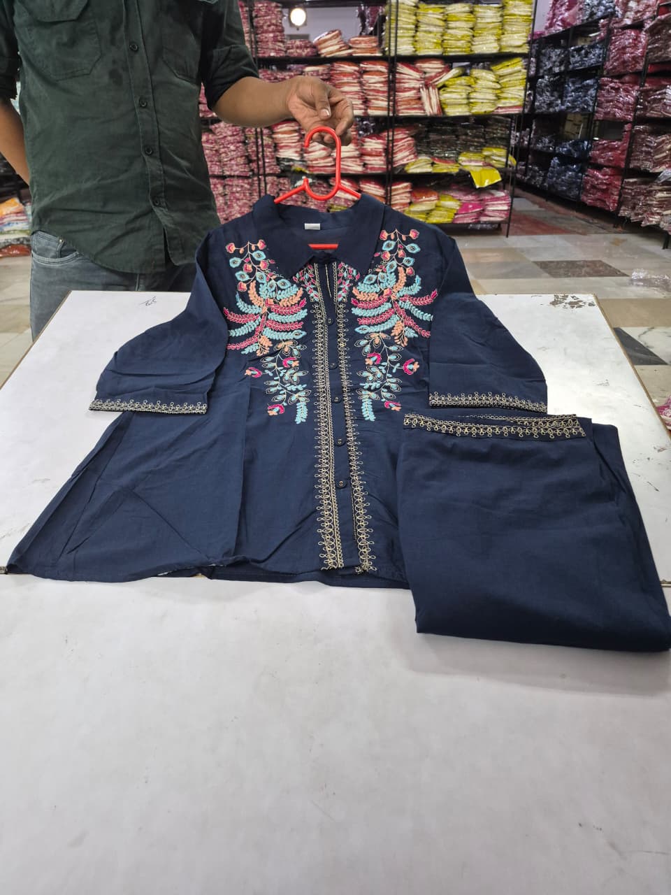 Navy Blue Embroidered Cotton Kurta Pant Set