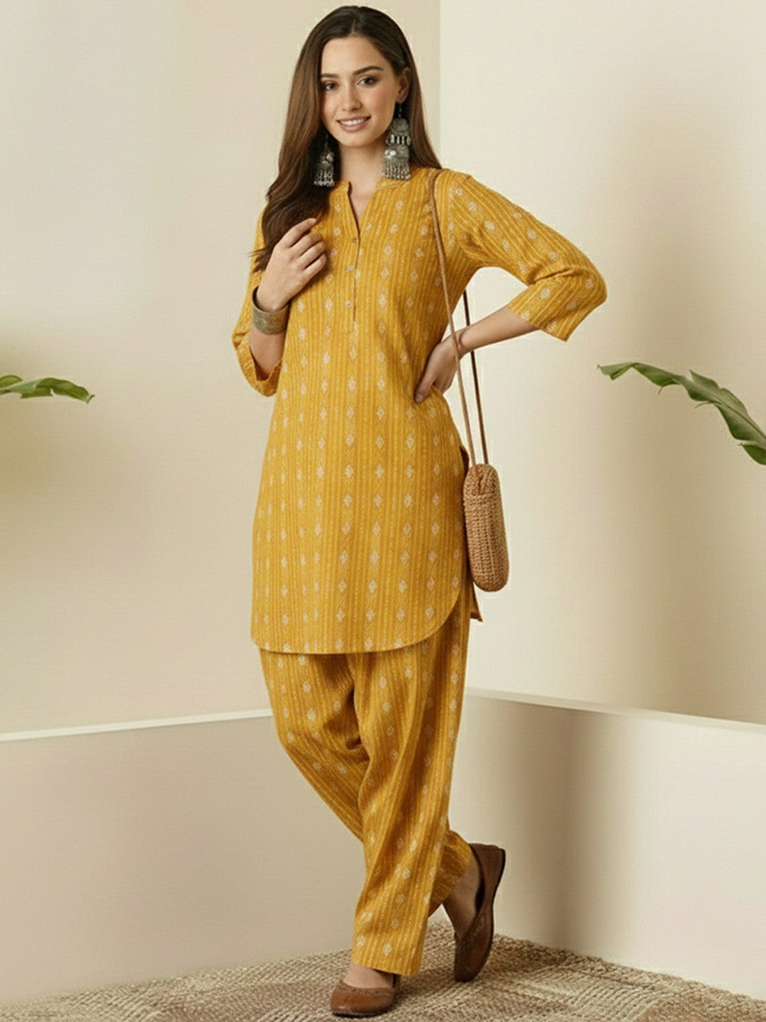 Mustard Yellow Printed Cotton Kurta Pant Set