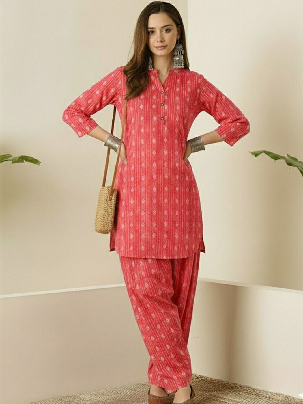 Coral Pink Printed Cotton Kurta Pant Set