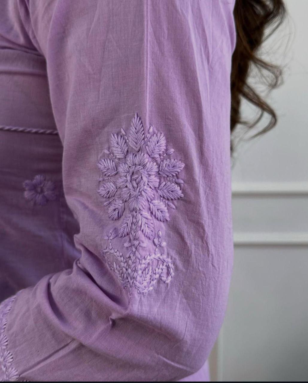 Lavender Embroidered Cotton Kurta Pant Set