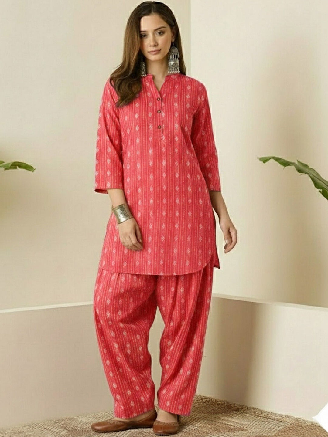 Coral Pink Printed Cotton Kurta Pant Set