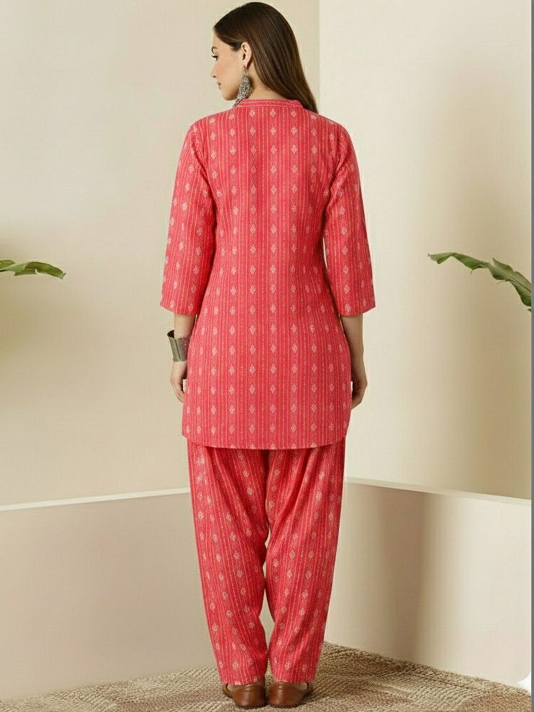 Coral Pink Printed Cotton Kurta Pant Set