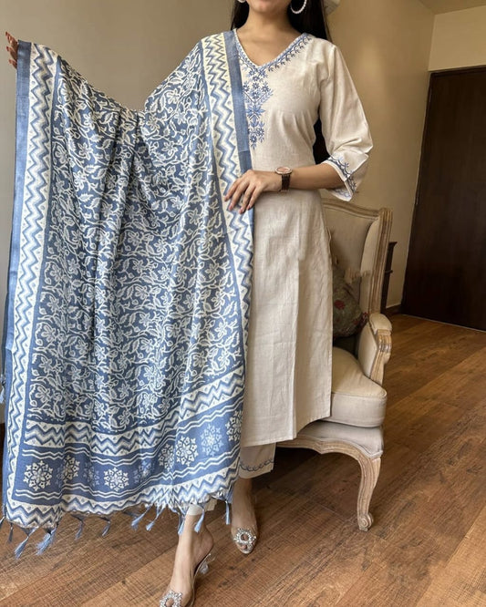 Elegant Handloom Cotton Embroidered Kurta Set with Dupatta