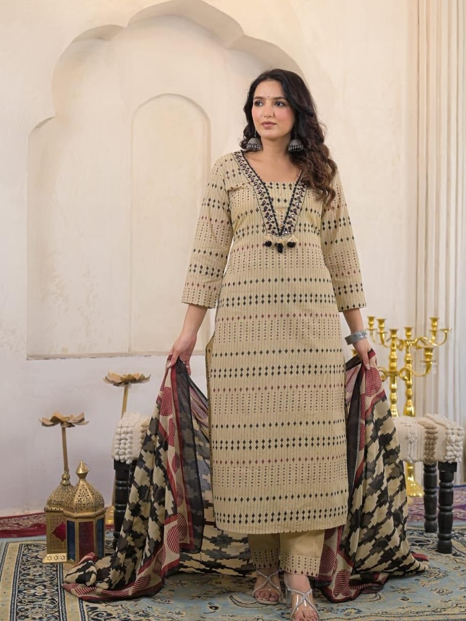 Beige Printed Cotton Kurta Pant Set with Dupatta for Women