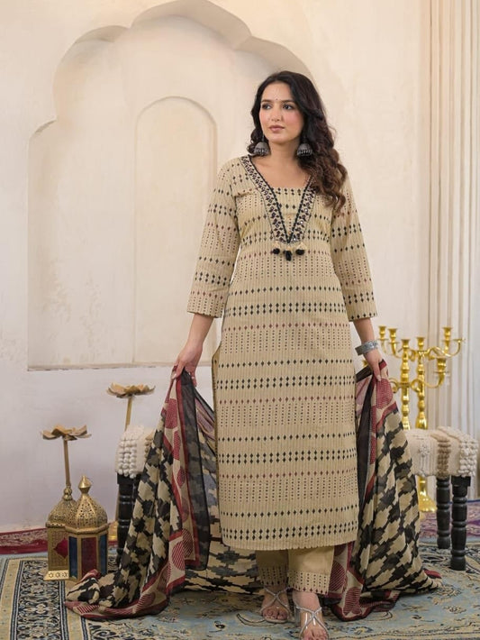 Beige Printed Cotton Kurta Pant Set with Dupatta for Women