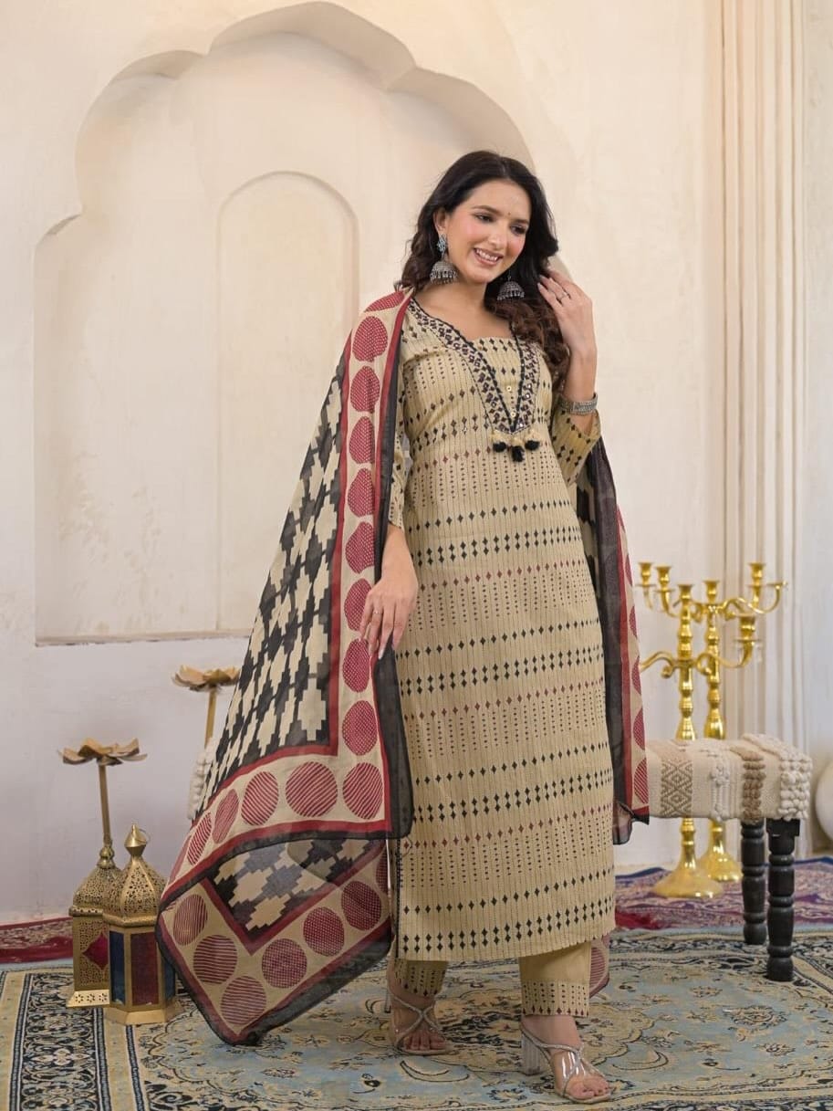Beige Printed Cotton Kurta Pant Set with Dupatta for Women