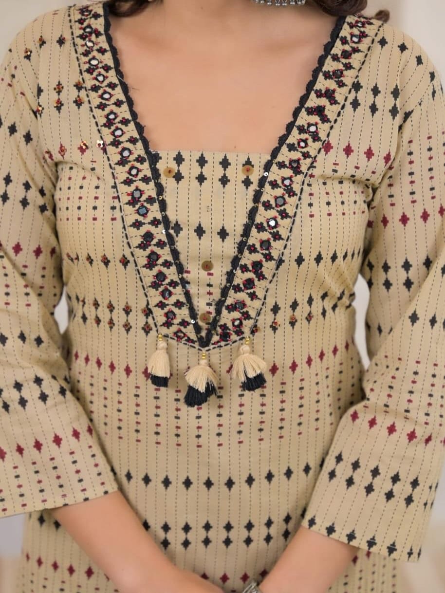 Beige Printed Cotton Kurta Pant Set with Dupatta for Women
