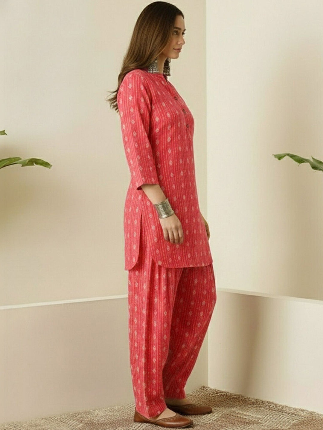 Coral Pink Printed Cotton Kurta Pant Set