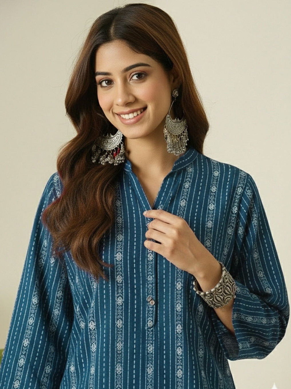 Teal Blue Printed Cotton Kurta Pant Set
