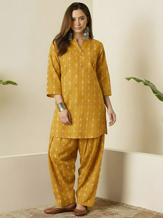 Mustard Yellow Printed Cotton Kurta Pant Set