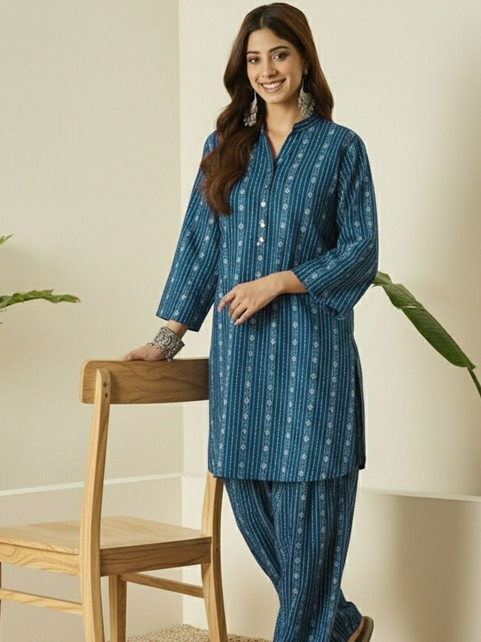 Teal Blue Printed Cotton Kurta Pant Set