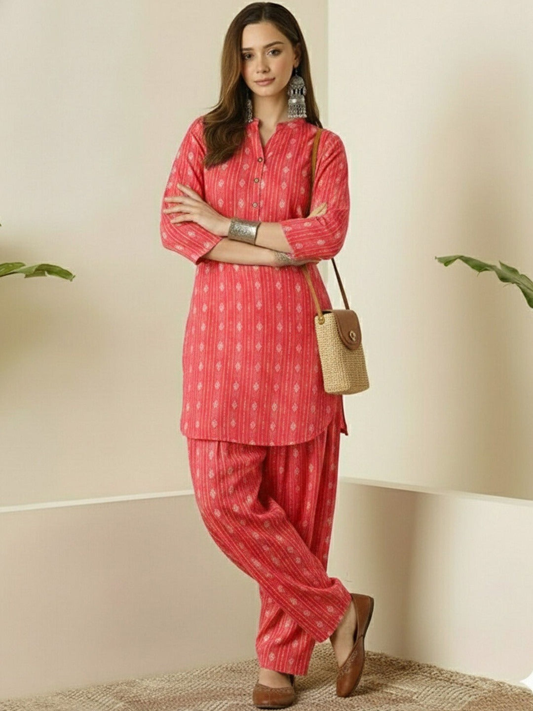 Coral Pink Printed Cotton Kurta Pant Set