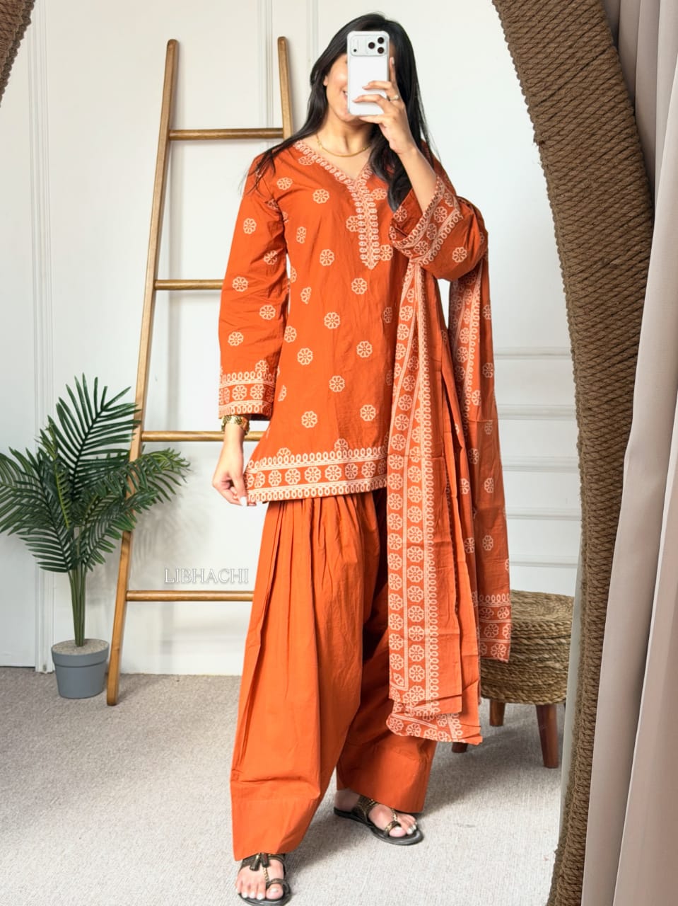 Premium Orange Floral Printed Kurta Palazzo Suit Set