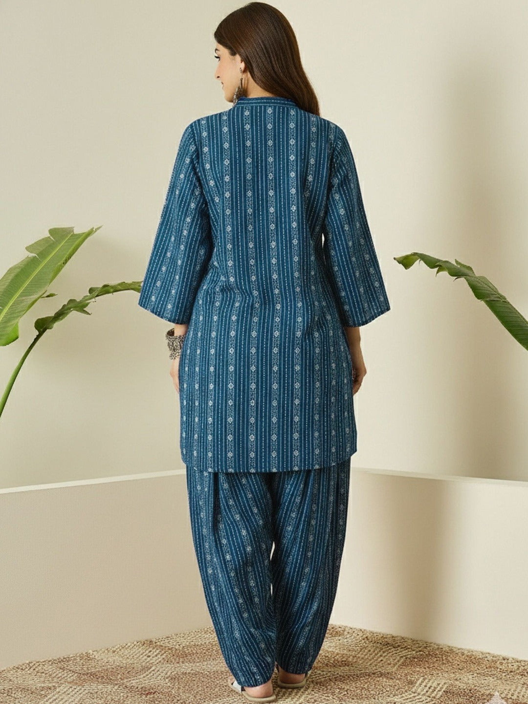 Teal Blue Printed Cotton Kurta Pant Set