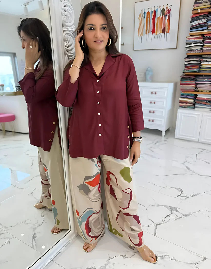 Maroon Top with Printed Stylish Pants