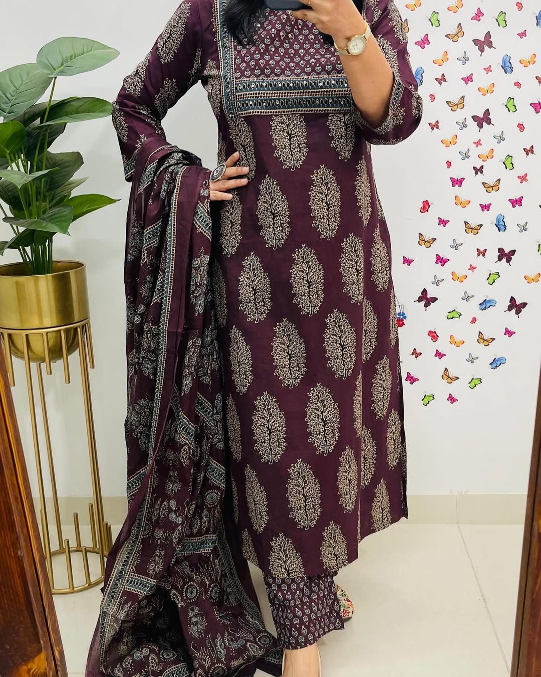 Wine Ajrakh Printed Kurta Pant Dupatta Set