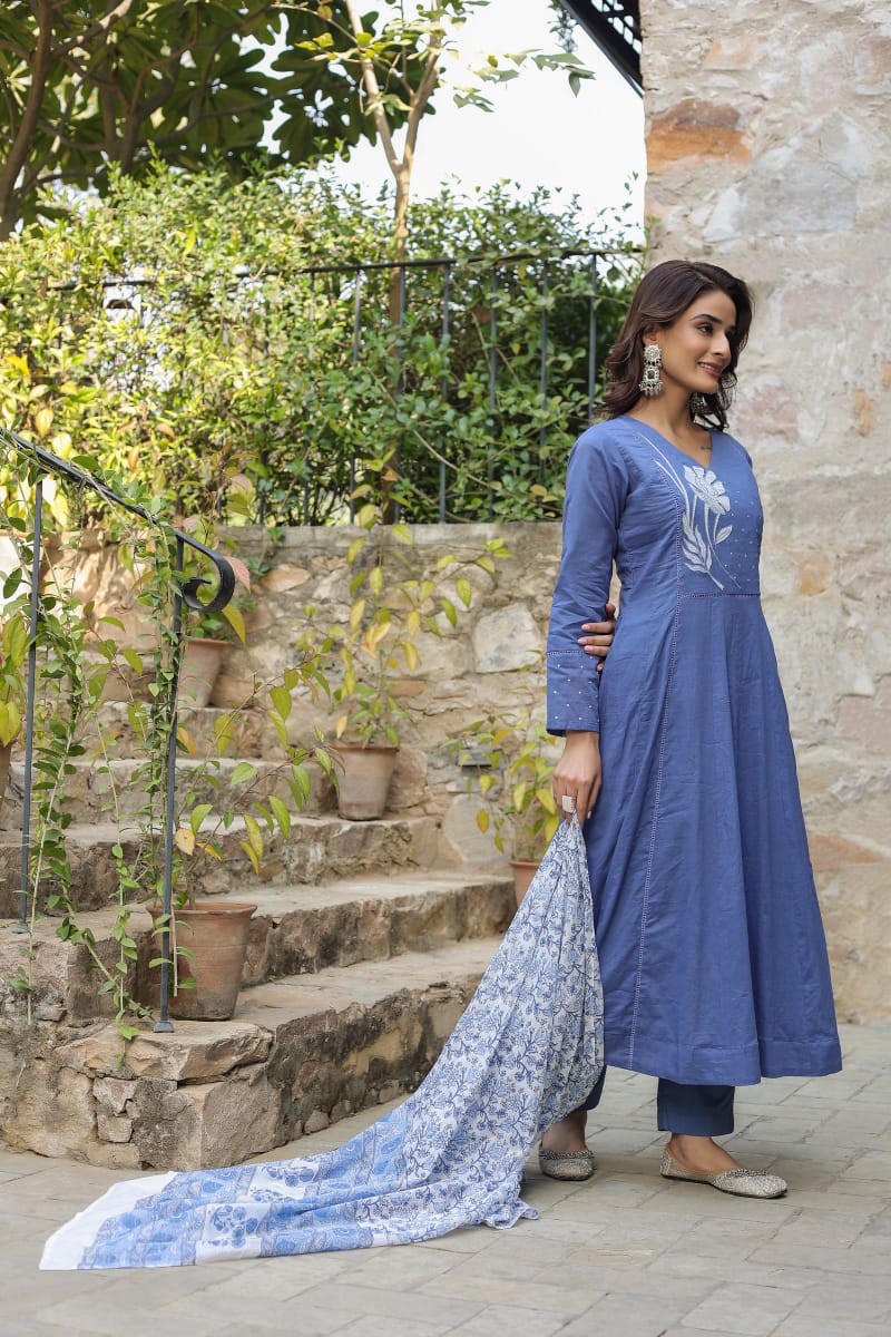 Blue Floral Embroidered Cotton Kurta Suit Set with Dupatta