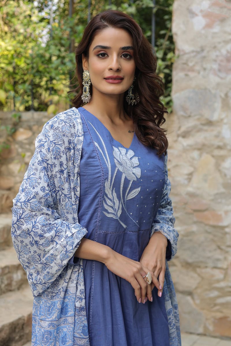 Blue Floral Embroidered Cotton Kurta Suit Set with Dupatta