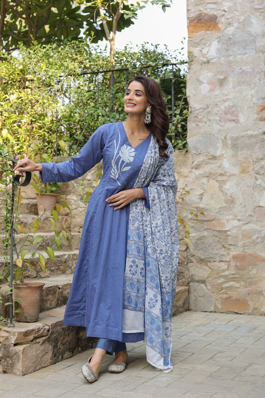 Blue Floral Embroidered Cotton Kurta Suit Set with Dupatta