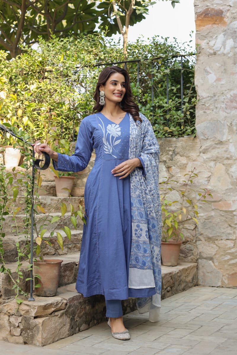 Blue Floral Embroidered Cotton Kurta Suit Set with Dupatta