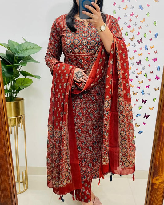 Rust Red Ethnic Printed Kurta Set with Dupatta