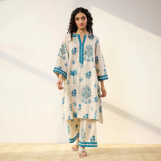 Women’s Beige & Blue Printed Kurta Set with Pants