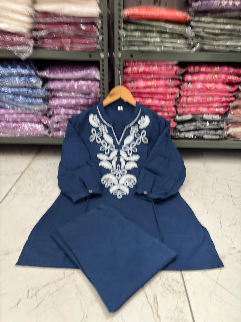 Royal Blue Cotton Embroidered Co-Ord Set for Women