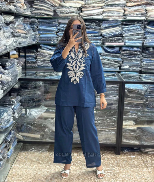 Royal Blue Cotton Embroidered Co-Ord Set for Women