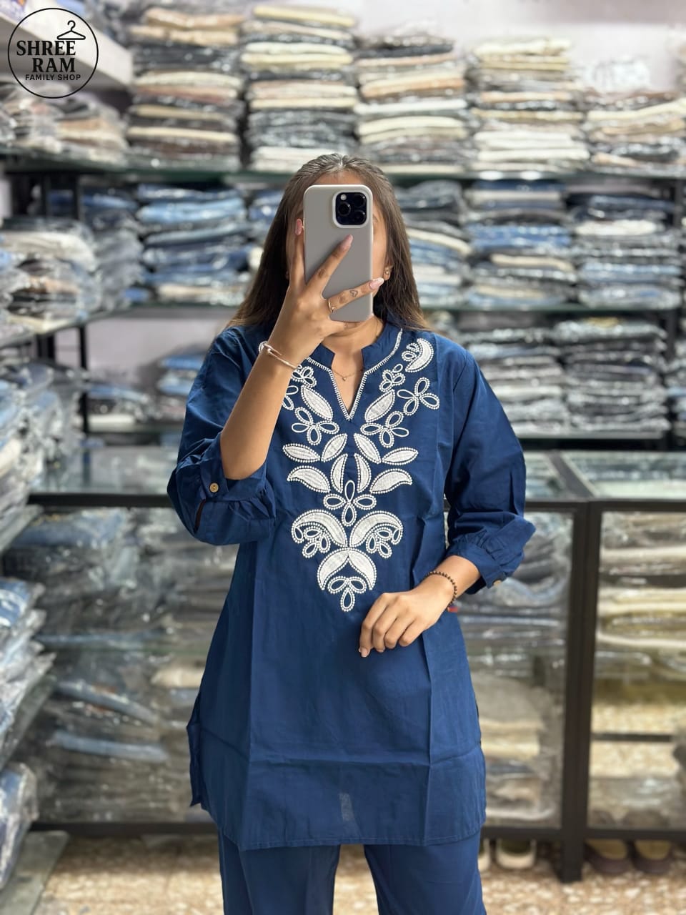 Royal Blue Cotton Embroidered Co-Ord Set for Women