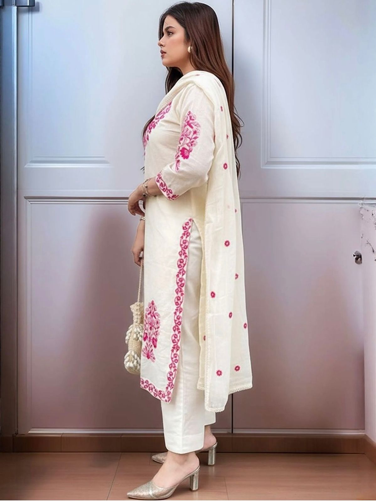 Off White Pink Embroidered Cotton Kurta Set with Dupatta for Women