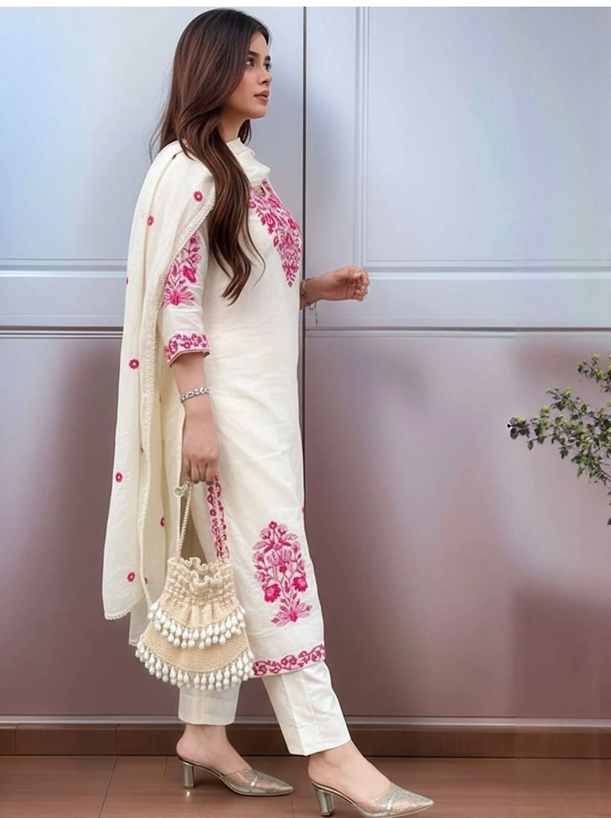 Off White Pink Embroidered Cotton Kurta Set with Dupatta for Women