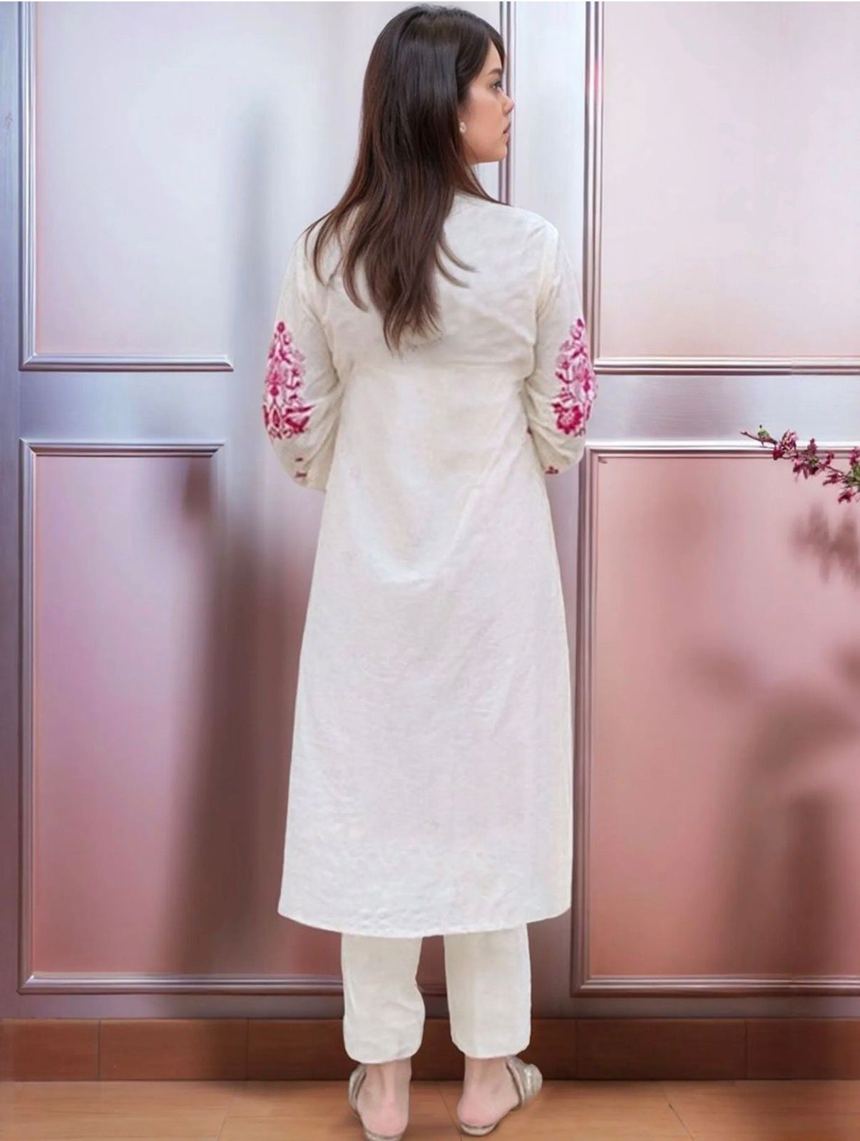 Off White Pink Embroidered Cotton Kurta Set with Dupatta for Women
