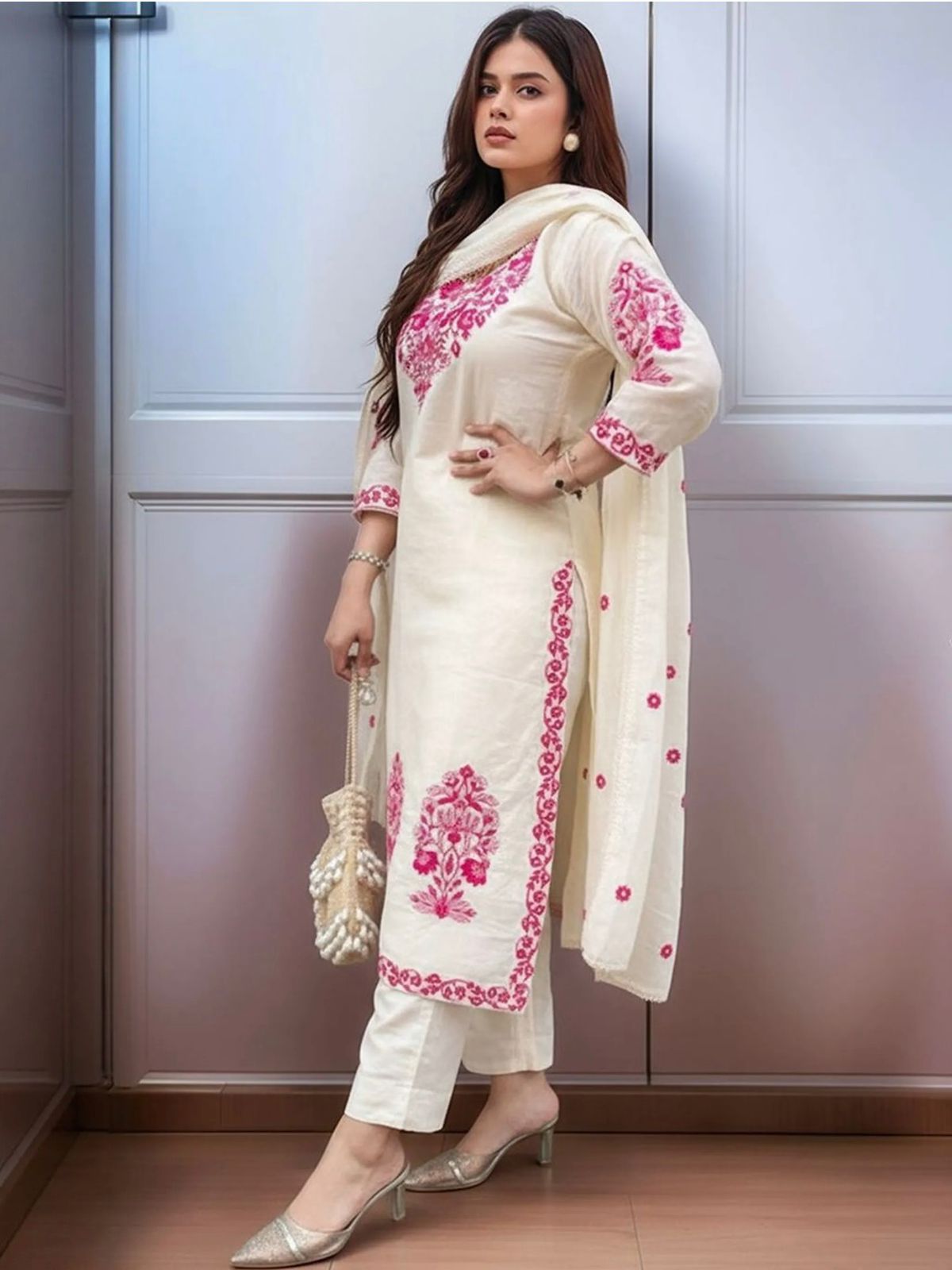 Off White Pink Embroidered Cotton Kurta Set with Dupatta for Women