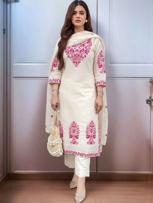 Off White Pink Embroidered Cotton Kurta Set with Dupatta for Women