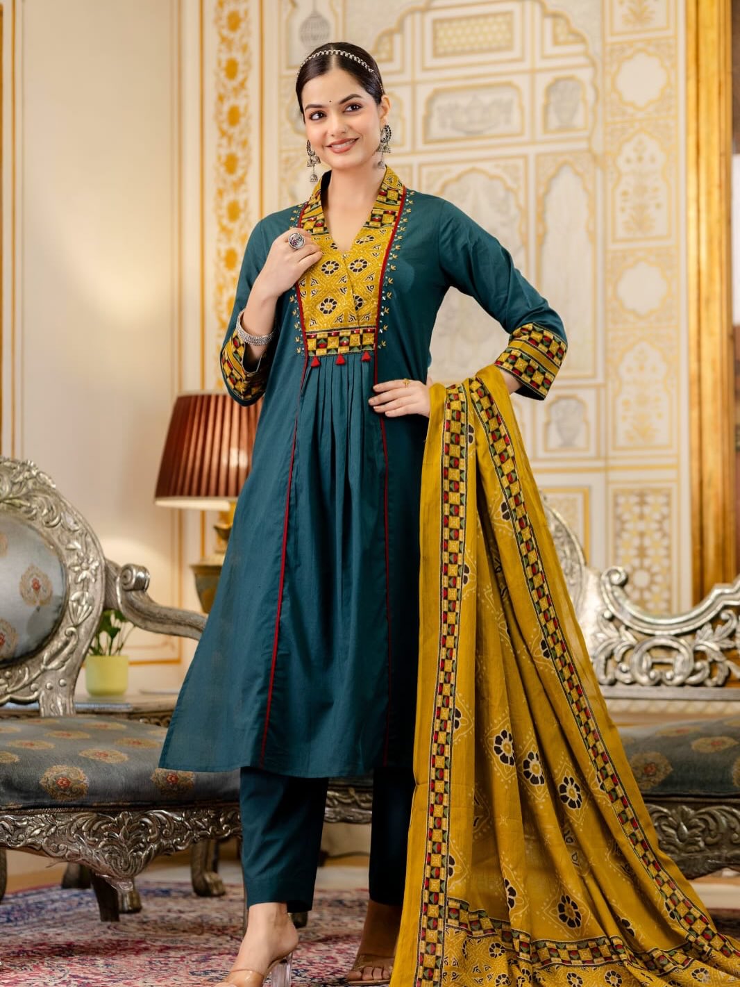 Teal Blue Cotton Kurta Pant Set with Mustard Printed Dupatta