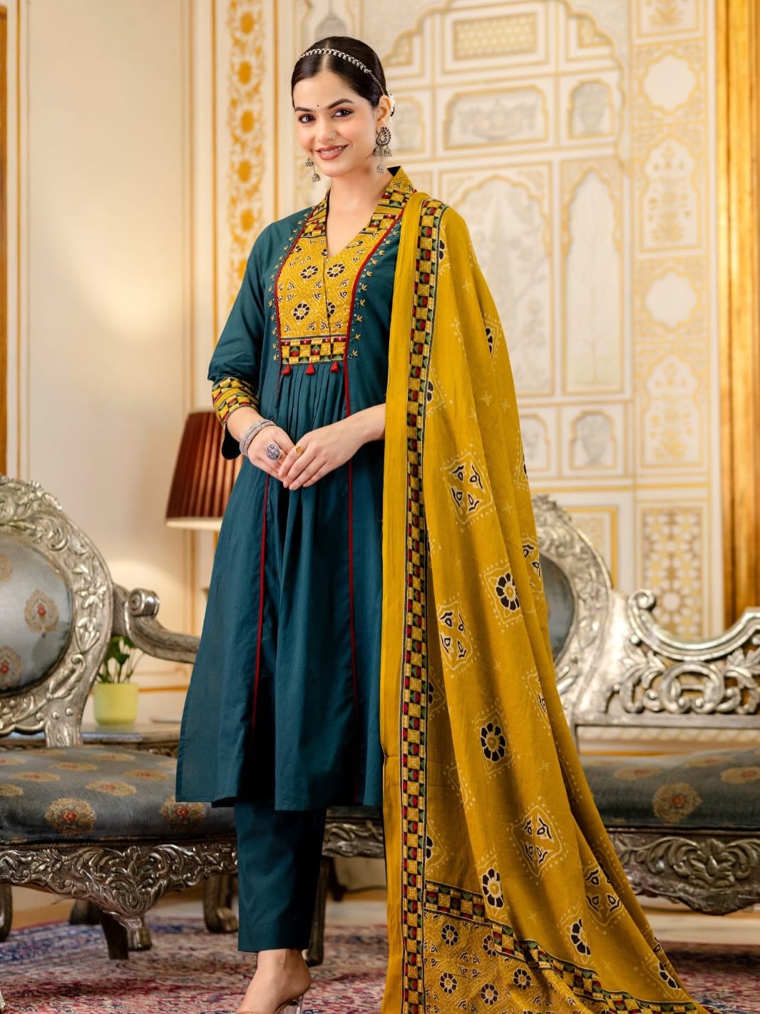 Teal Blue Cotton Kurta Pant Set with Mustard Printed Dupatta