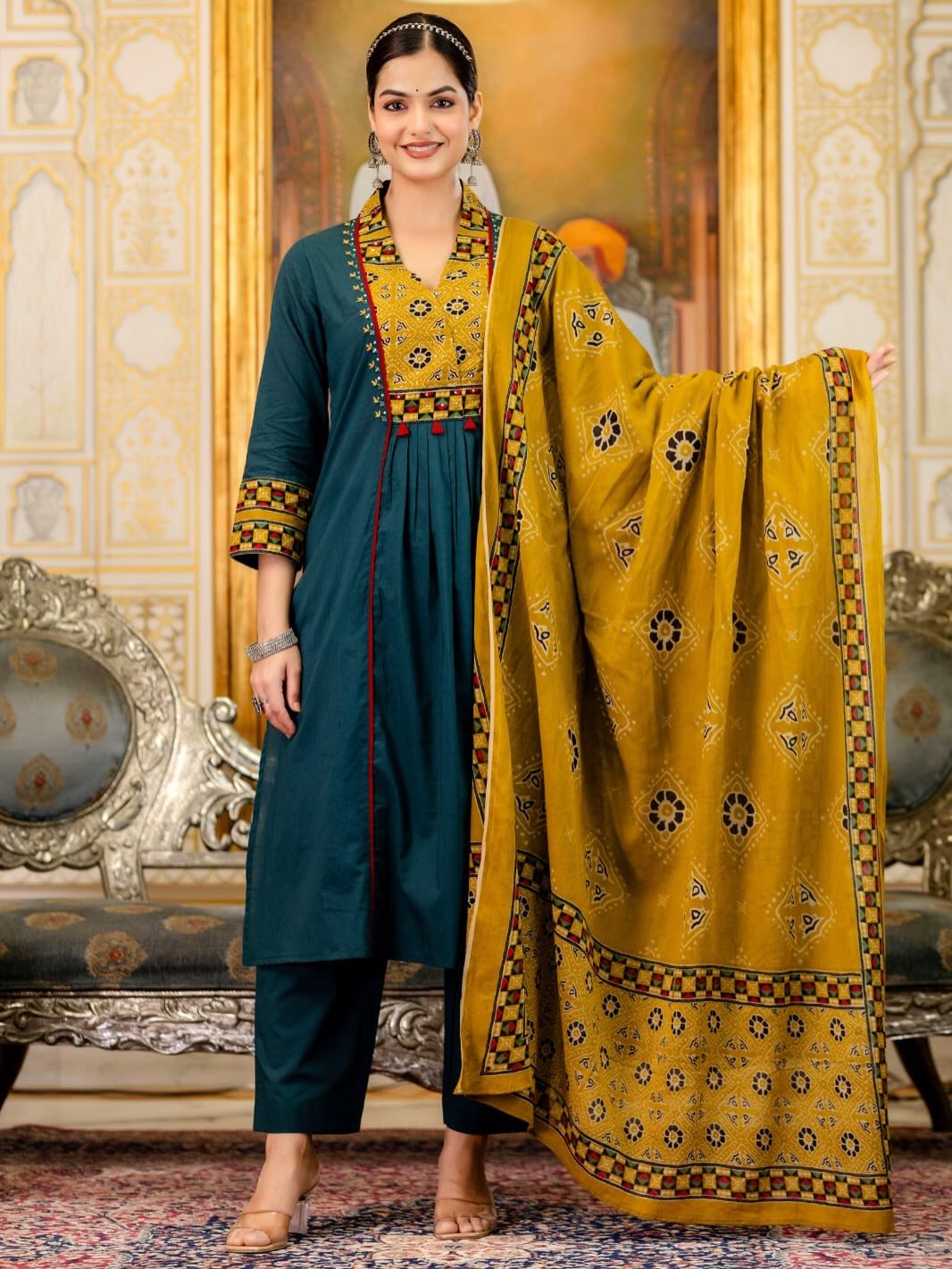 Teal Blue Cotton Kurta Pant Set with Mustard Printed Dupatta