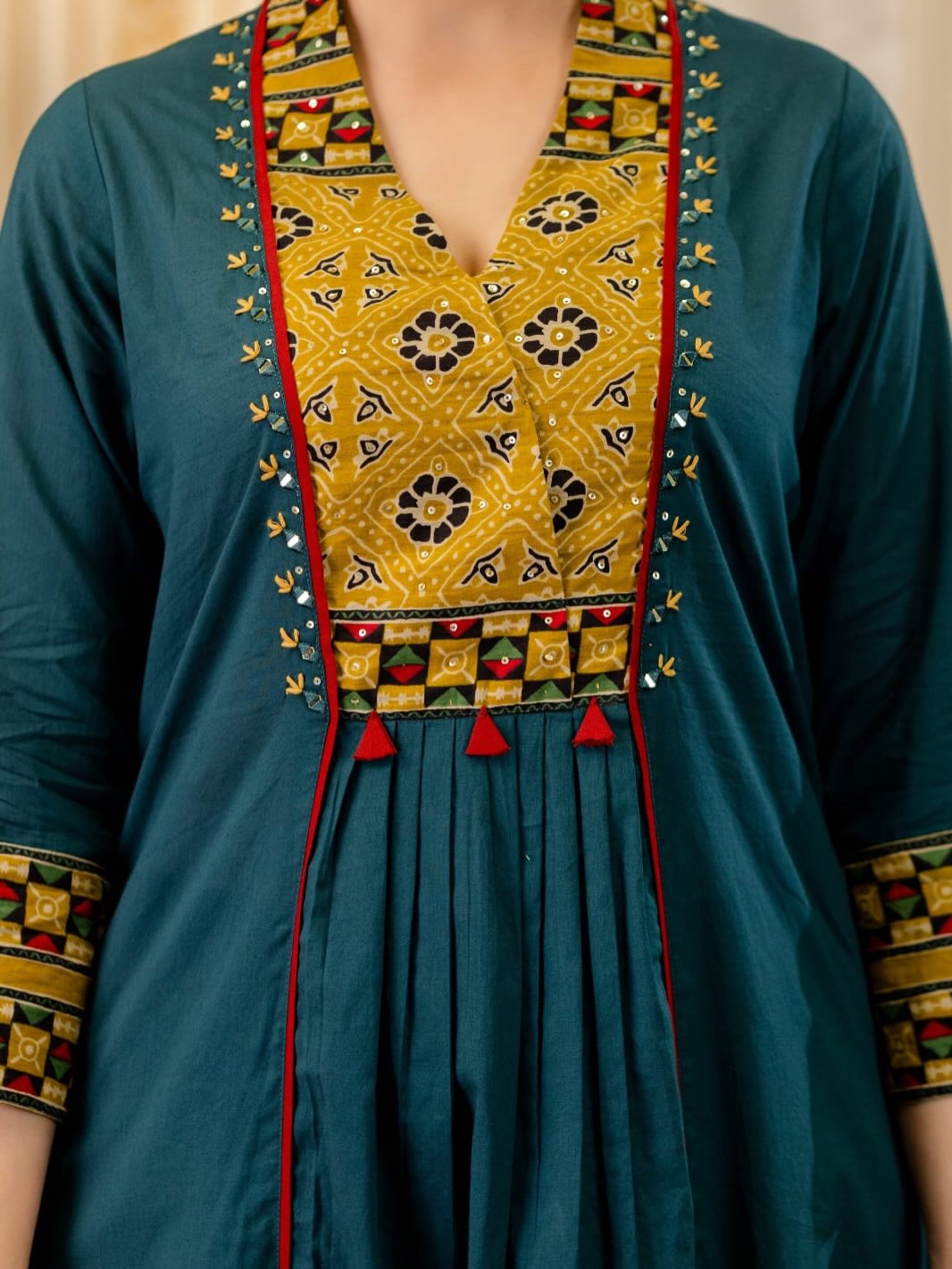 Teal Blue Cotton Kurta Pant Set with Mustard Printed Dupatta