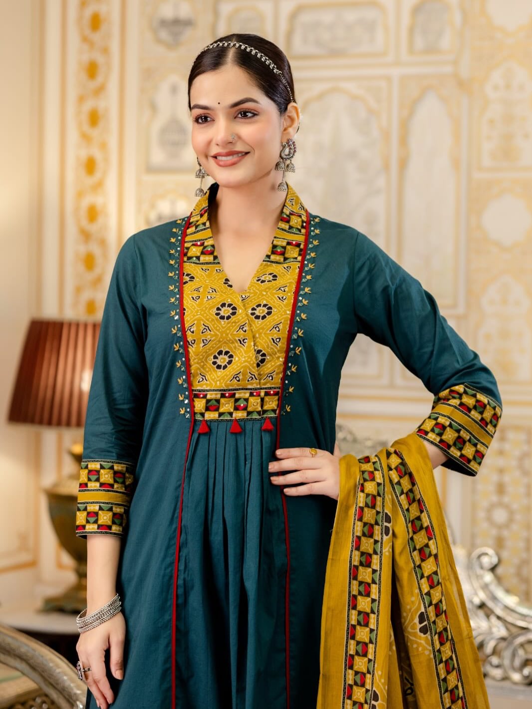 Teal Blue Cotton Kurta Pant Set with Mustard Printed Dupatta