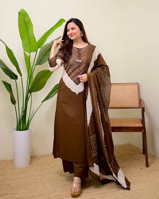 Women Brown Bandhani Printed Pure Cotton Kurta Set with Palazzos & Dupatta