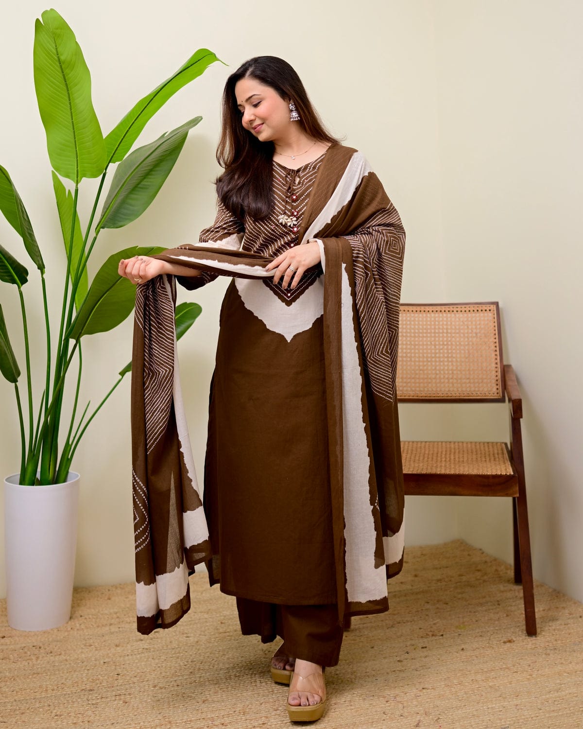 Women Brown Bandhani Printed Pure Cotton Kurta Set with Palazzos & Dupatta
